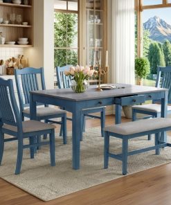 Farmhouse Kitchen Table Set with 4 Upholstered Chairs Bench and Storage Drawers